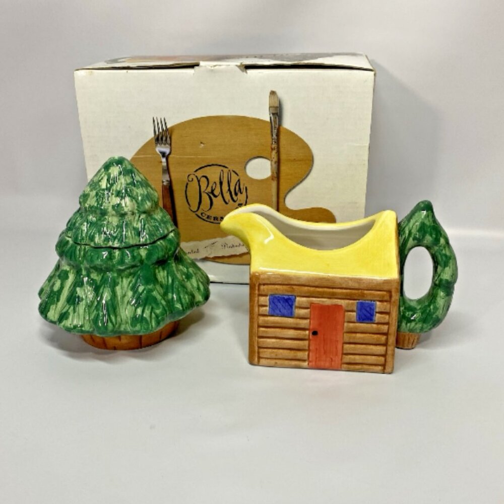 Vintage 2000 Bella Ceramica SIERRA - Cabin and Tree - Sugar & Creamer - NIB